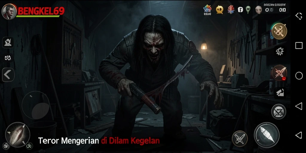 Screenshot gameplay menakutkan dari BENGKEL69 saat menjelajahi bengkel misterius.