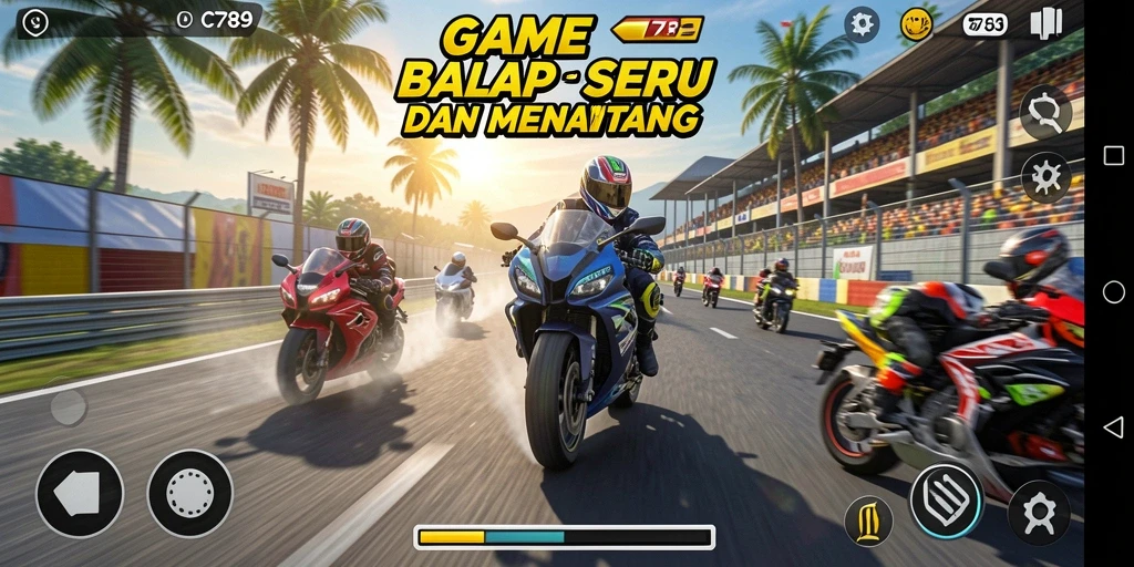 Screenshot C789 menunjukkan aksi balap motor yang mendebarkan.