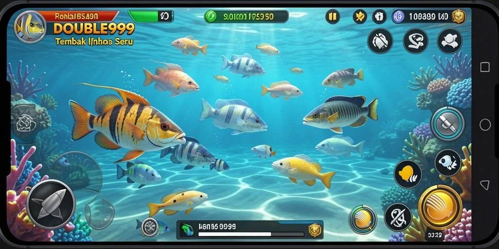 Screenshot gameplay DOUBLE999 menunjukkan aksi menembak ikan yang seru.