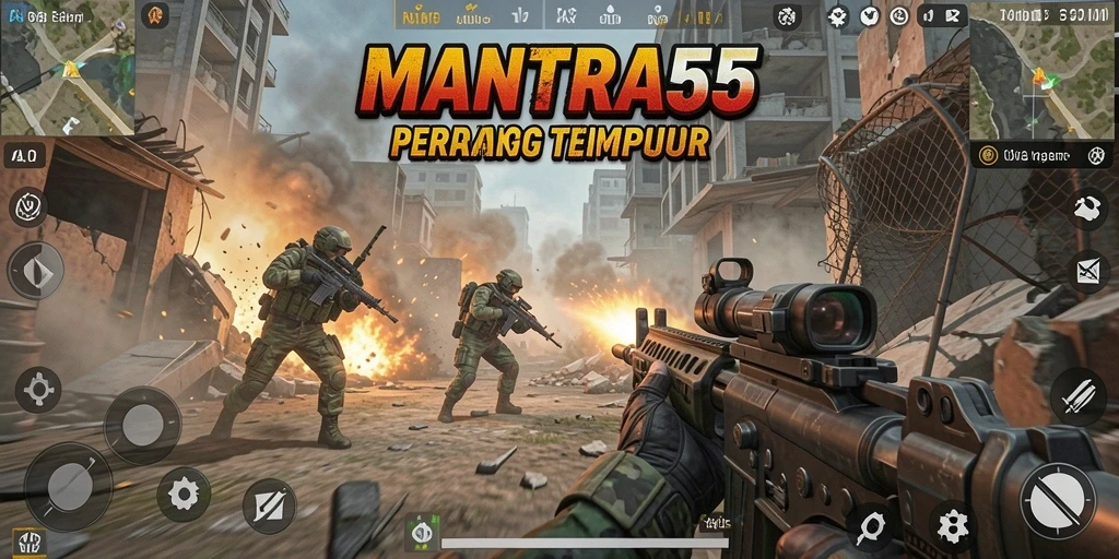 Tampilan gameplay intens dalam MANTRA55 dengan aksi tembak-menembak yang seru.