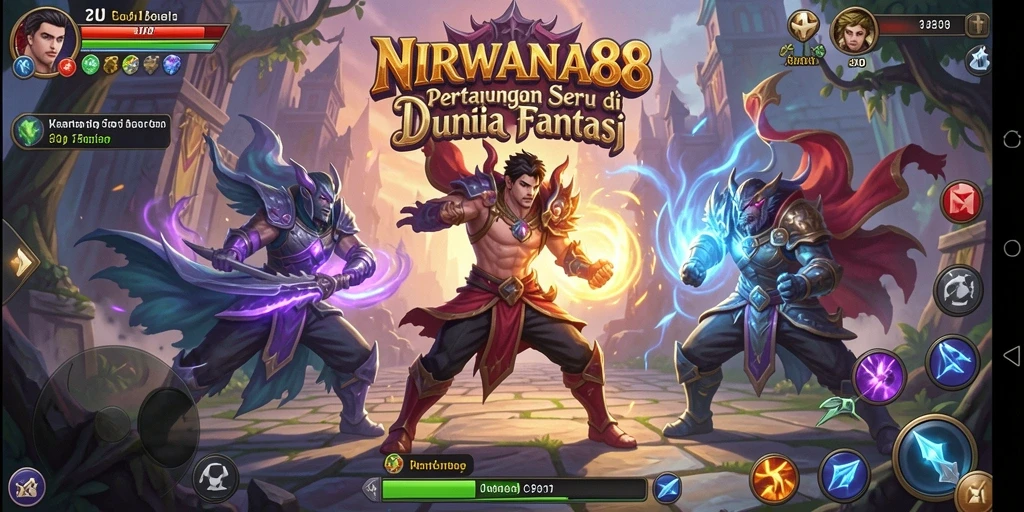 Tampilan gameplay NIRWANA88 yang penuh aksi dan karakter unik di arena pertarungan.