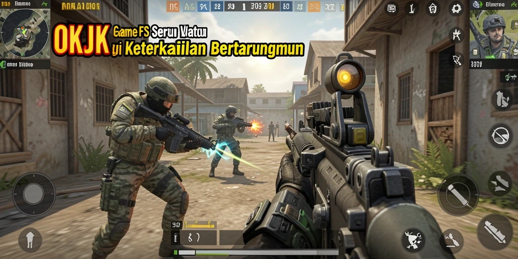 Screenshot utama OKJK menampilkan aksi tembak-menembak yang intens.