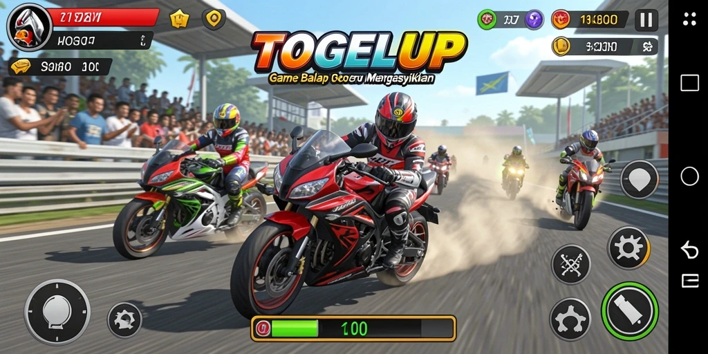 Screenshot gameplay TOGELUP dengan balapan motor yang menegangkan.