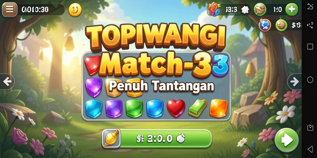 Screenshot gameplay TOPIWANGI dengan kombinasi match-3 cerah.